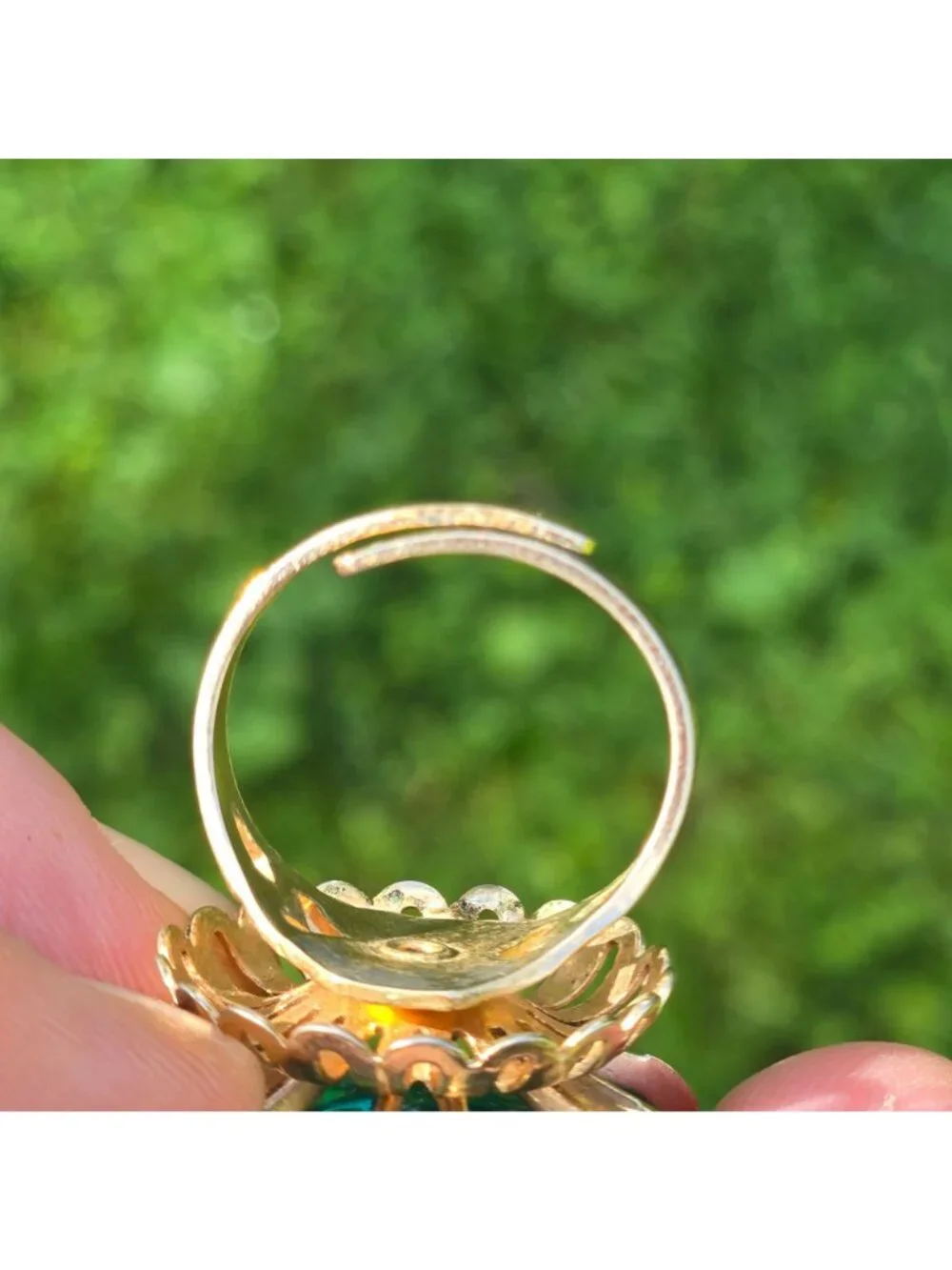 MCM Cocktail Ring Faceted Emerald-Green Crystal Gold-Tone Open-Work Statement